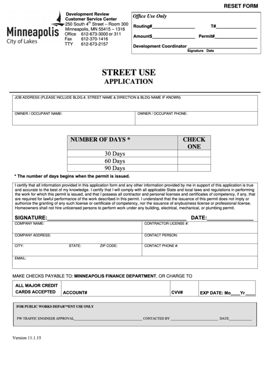Fillable Street Use Application - City Of Lakes Printable pdf