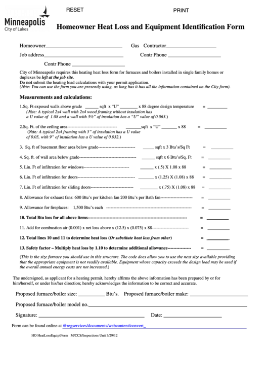 Fillable Homeowner Heat Loss And Equipment Identification Form Printable pdf