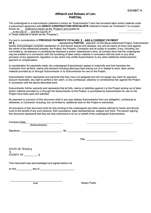 Affidavit And Release Of Lien Partial Form printable pdf download