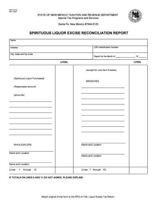 Form Rpd-41157 - Spirituous Liquor Excise Reconciliation Report - State Of New Mexico Taxation And Revenue Department Printable pdf
