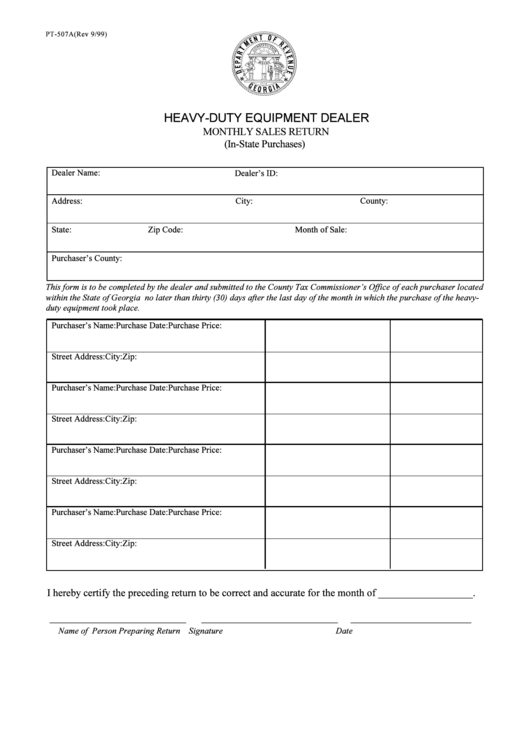 Form Pt-507a - Heavy-Duty Equipment Dealer Monthly Sales Return - Georgia Department Of Revenue Printable pdf