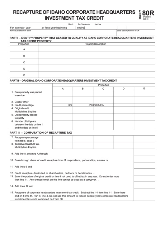 Fillable Form 80r - Recapture Of Idaho Corporate Headquarters Investment Tax Credit - 2006 Printable pdf
