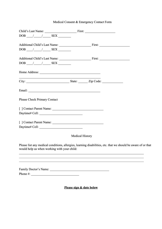 Medical Consent & Emergency Contact Form Printable pdf