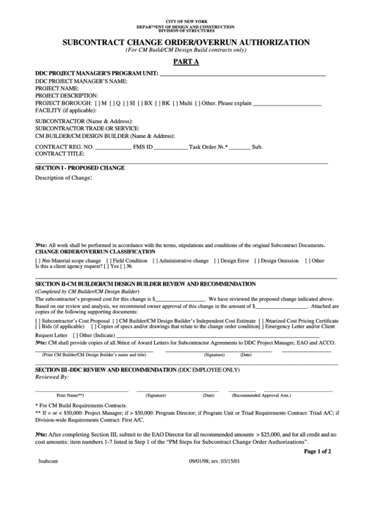 Subcontract Change Order/overrun Authorization Form Printable pdf