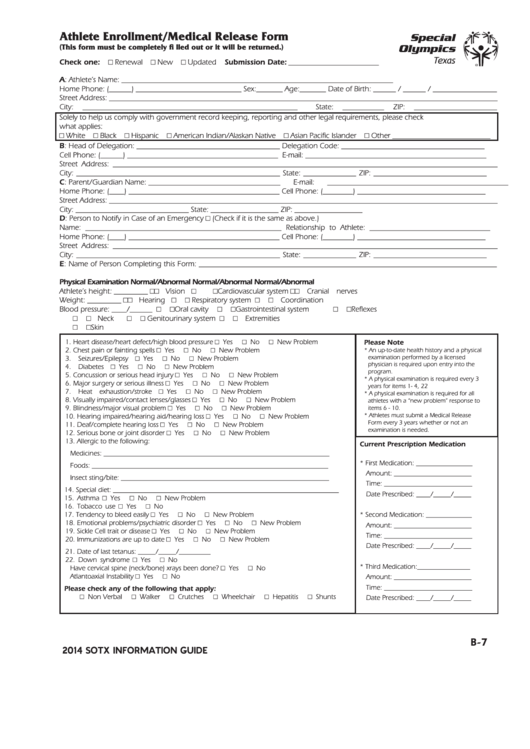 Athlete Enrollment/medical Release Form printable pdf download