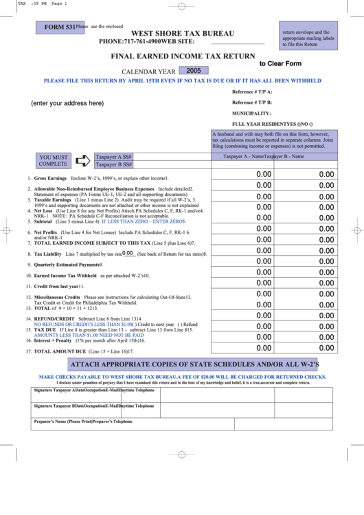 Form 531- Final Earned Income Tax Return - West Shore Tax Bureau Printable pdf