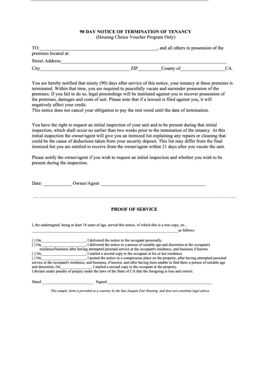Fillable 90 Day Notice Of Termination Of Tenancy (Housing Choice Voucher Program Only) Form Printable pdf