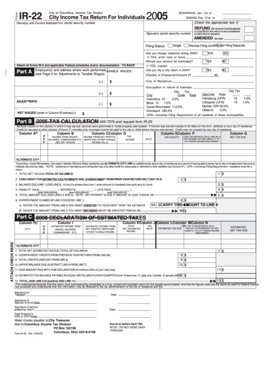Fillable Form Ir-22 - City Income Tax Return For Individuals - 2005 Printable pdf