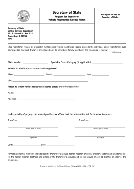 Fillable Form Vsd 707 - Request For Transfer Of Vehicle Registration License Plates Printable pdf