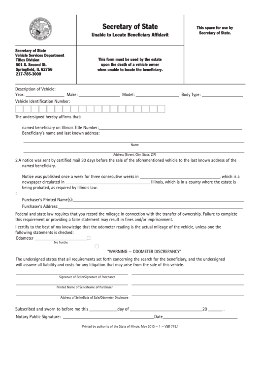Fillable Form Vsd 775.1 - Unable To Locate Beneficiary Affidavit Printable pdf