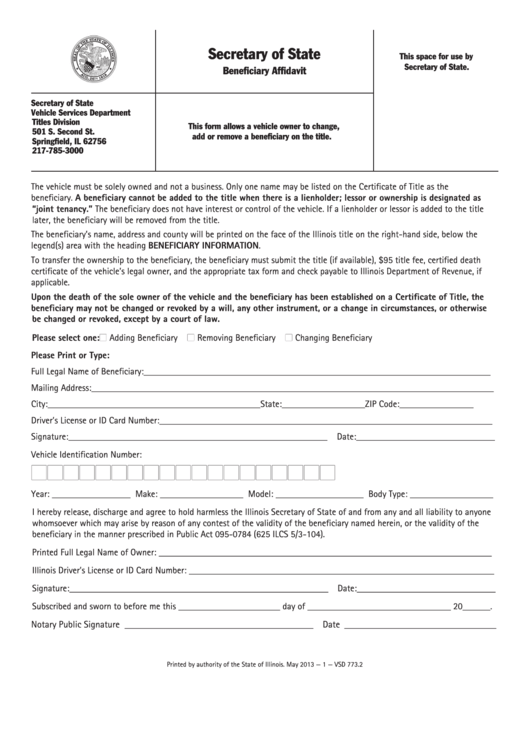 Fillable Form Vsd 773.2 - Beneficiary Affidavit Printable pdf
