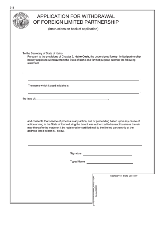 Application Form For Withdrawal Of Foreign Limited Partnership - 2002 ...
