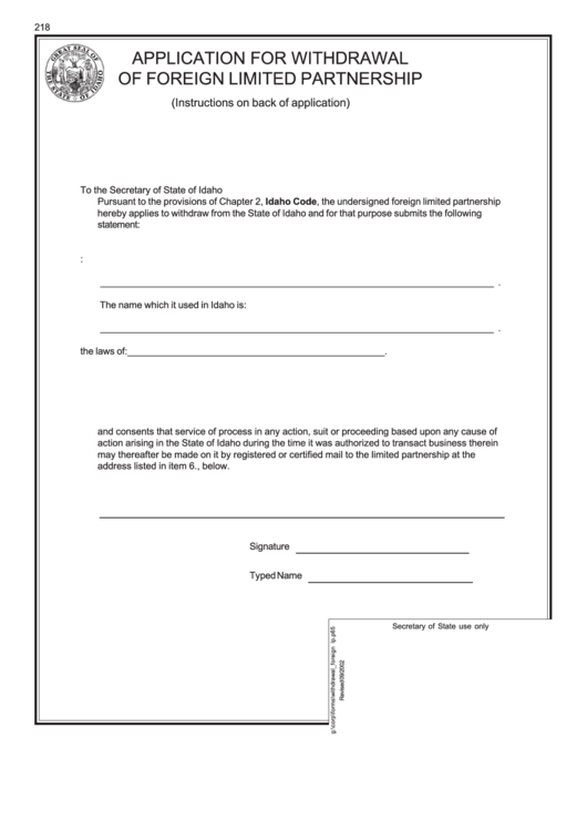 Application Form For Withdrawal Of Foreign Limited Partnership - 2002 Printable pdf