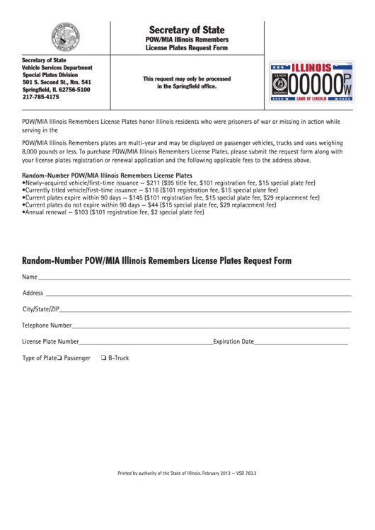 Fillable Form Vsd 763.3 - Pow/mia Illinois Remembers License Plates Request Form Printable pdf