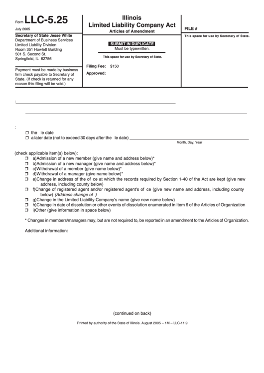 Fillable Form Llc-5.25 - Illinois Limited Liability Company Act Articles Of Amendment - 2005 Printable pdf