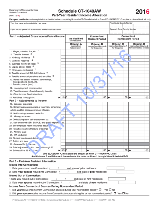 Schedule Ct-1040aw Draft - Part-Year Resident Income Allocation - 2016 Printable pdf