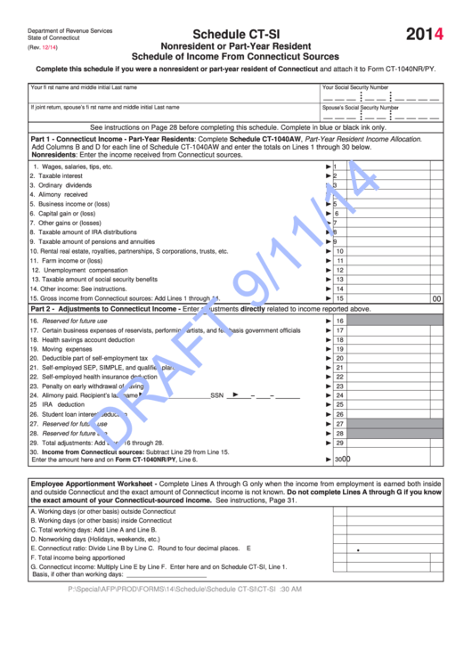 Schedule Ct-Si Draft - Nonresident Or Part-Year Resident Schedule Of Income From Connecticut Sources - 2014 Printable pdf