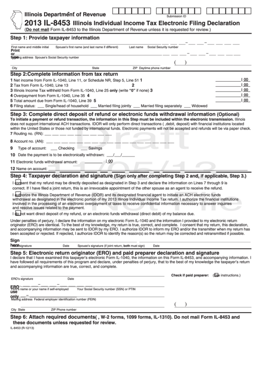 Form Il-8453 Draft - Illinois Individual Income Tax Electronic Filing Declaration - 2013 Printable pdf
