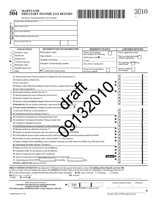 Form 504 Draft - Maryland Fiduciary Income Tax Return - 2010 Printable pdf