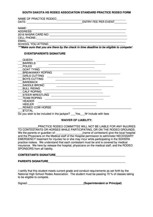 Fillable South Dakota Hs Rodeo Association Standard Practice Rodeo Form Entry Form Printable Pdf