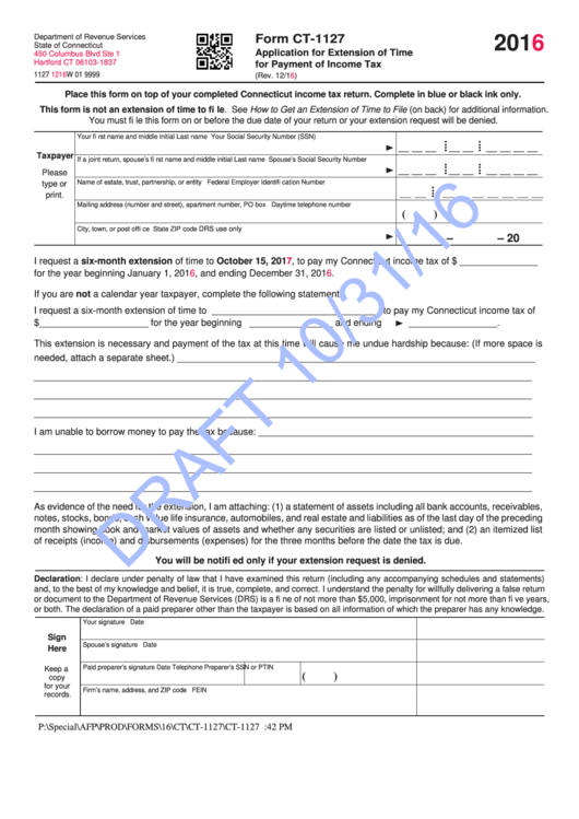 Form Ct-1127 Draft - Application For Extension Of Time For Payment Of Income Tax - 2016 Printable pdf