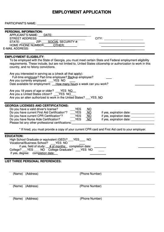 Form Ga - Employment Application Form Printable pdf