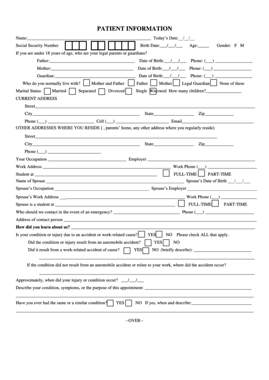 Patient Information Form Printable pdf