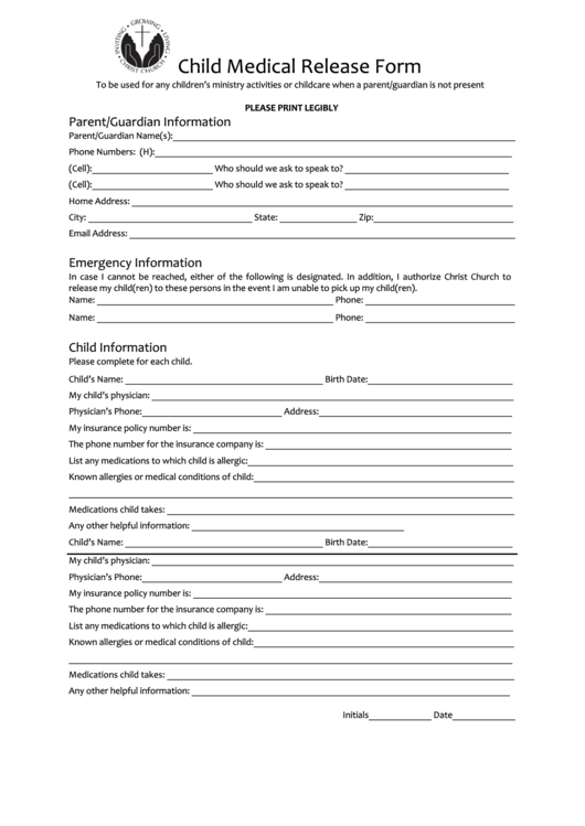 Child Medical Release Form Printable pdf