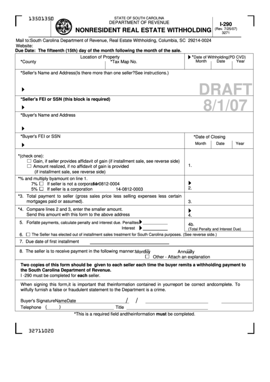 Form I-290 Draft - Nonresident Real Estate Withholding Printable pdf