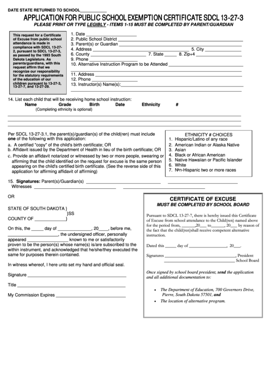 Application For Public School Exemption Certificate-Affidavit Of Affirming-Form Sdcl 13-27-3 Printable pdf