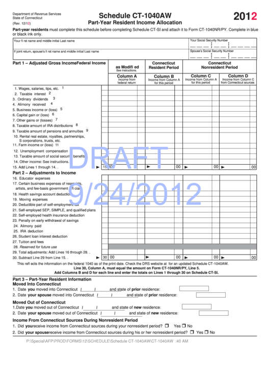 Schedule Ct-1040aw Draft - Part-Year Resident Income Allocation - 2012 Printable pdf