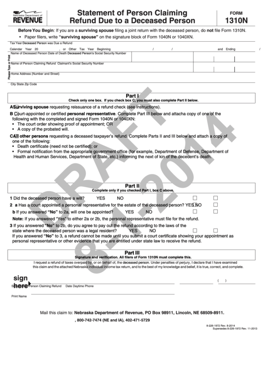 Form 1310n Draft - Statement Of Person Claiming Refund Due To A Deceased Person Printable pdf