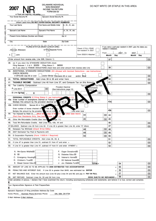 Form 200-02 Draft - Delaware Individual Non-Resident Income Tax Return - 2007 Printable pdf