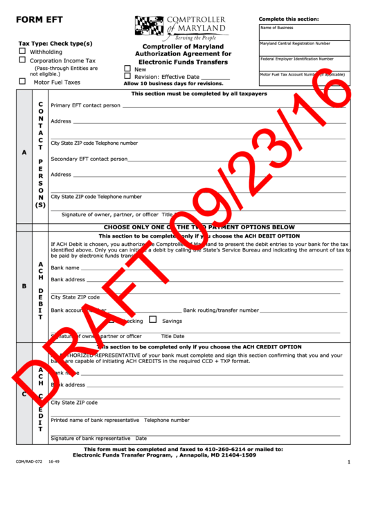 Form Eft Draft - Authorization Agreement For Electronic Funds Transfers - 2016 Printable pdf