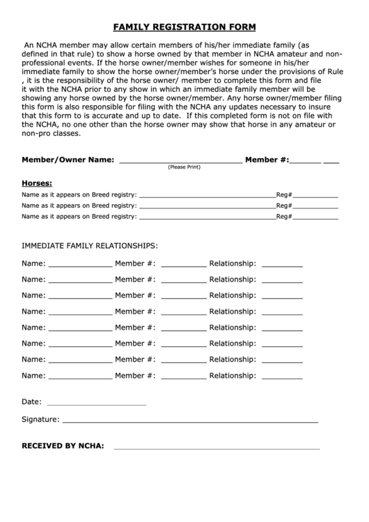 Family Registration Form-Reference Sheet For Family Owned Horse Rule Printable pdf