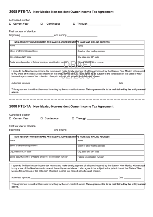 Form Pte-Ta Draft - New Mexico Non-Resident Owner Income Tax Agreement - 2008 Printable pdf