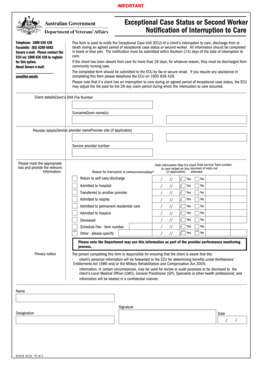 Fillable Form D1019 - Exceptional Case Status Or Second Worker Notification Of Interruption To Care Form Printable pdf