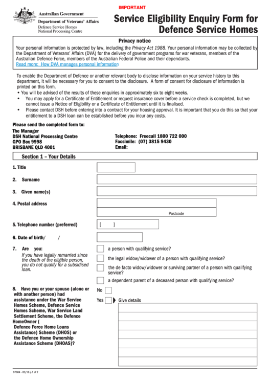 Fillable Service Eligibility Enquiry Form For Defence Service Homes Form Printable pdf