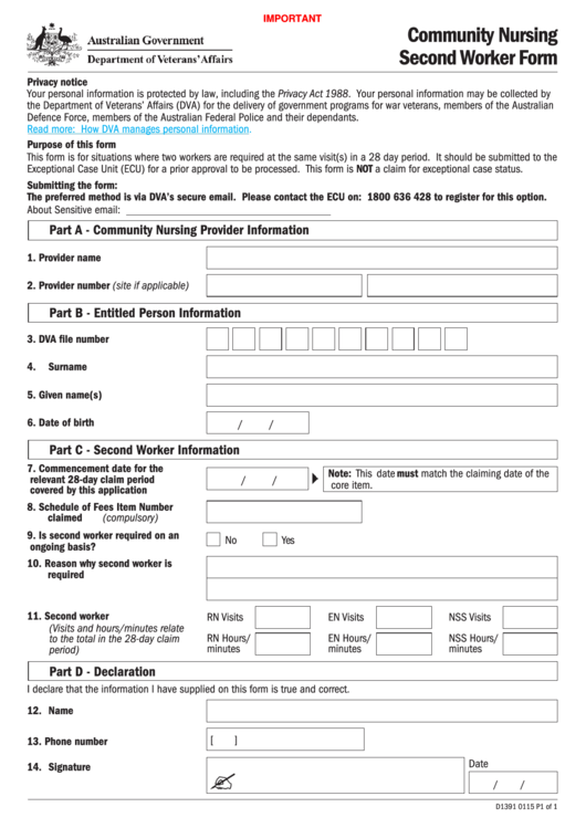 Fillable Community Nursing Second Worker Form Printable pdf
