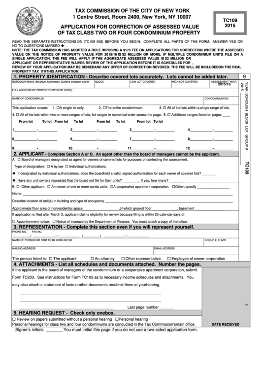 Application For Correction Of Assessed Value Of Tax Class Two Or Four Condominium Property Form Printable pdf