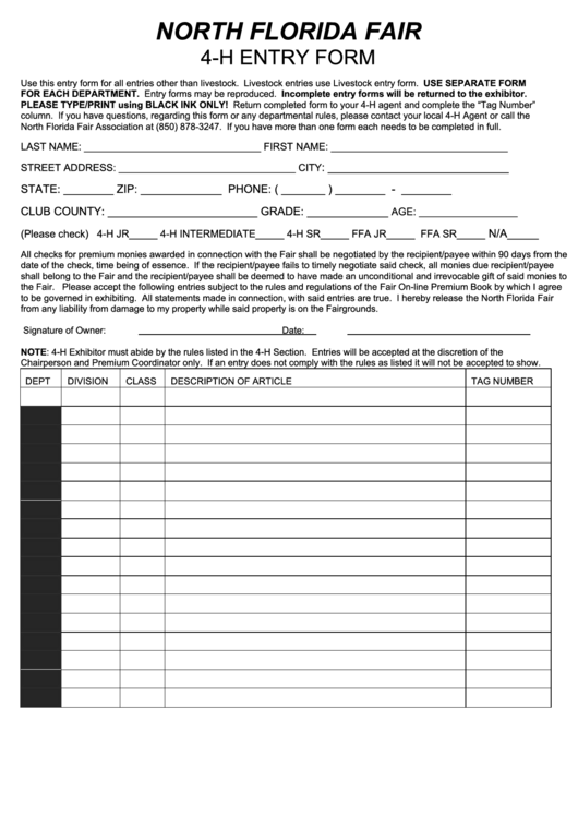 Fillable North Florida Fair - 4-H Entry Form Printable pdf