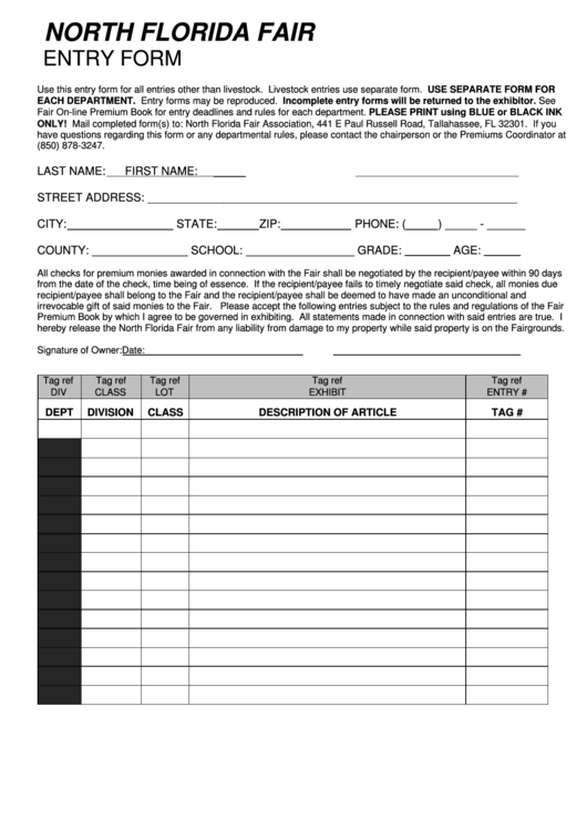 Fillable North Florida Fair - Entry Form Printable pdf