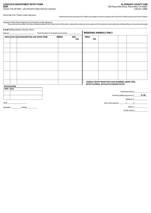 Livestock Department Entry Form-Release And Waiver Of Liability Agreement Printable pdf