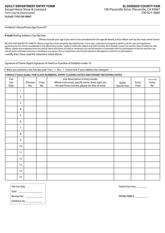 Fillable Adult Department Entry Form-El Dorado County Fair Printable pdf