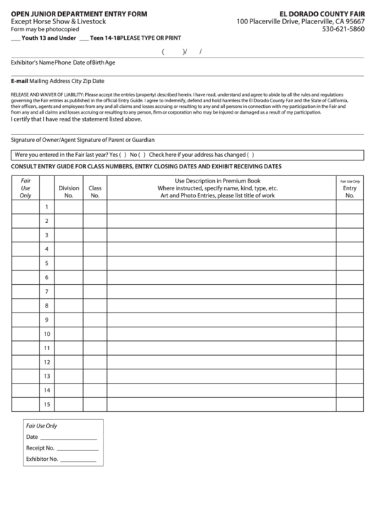 Fillable Open Junior Department Entry Form-El Dorado County Fair Printable pdf