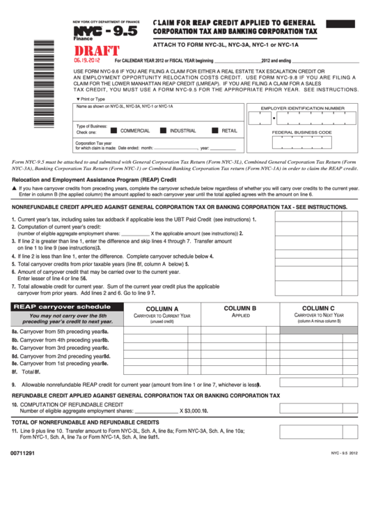 Form Nyc-9.5 Draft - Claim For Reap Credit Applied To General Corporation Tax And Banking Corporation Tax - 2012 Printable pdf