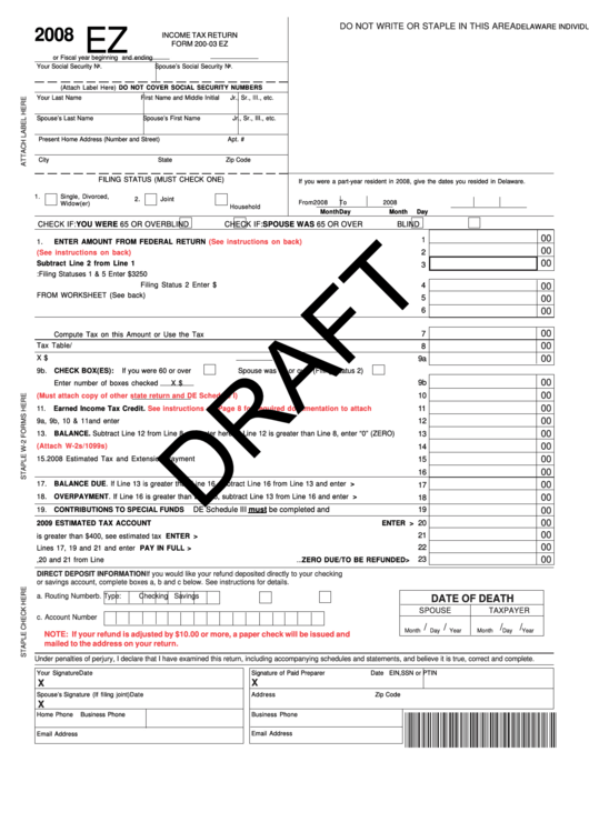 Form 200-03 Ez Draft - Delaware Individual Resident Income Tax Return - 2008 Printable pdf