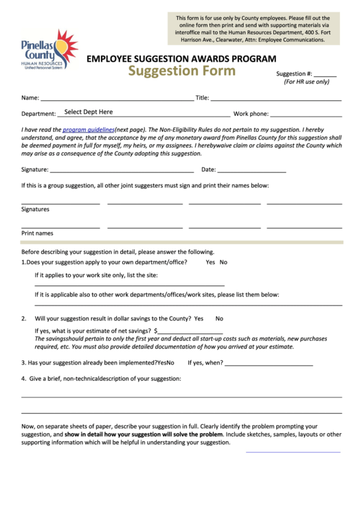 Employee Suggestion Awards Program Suggestion Form Printable pdf