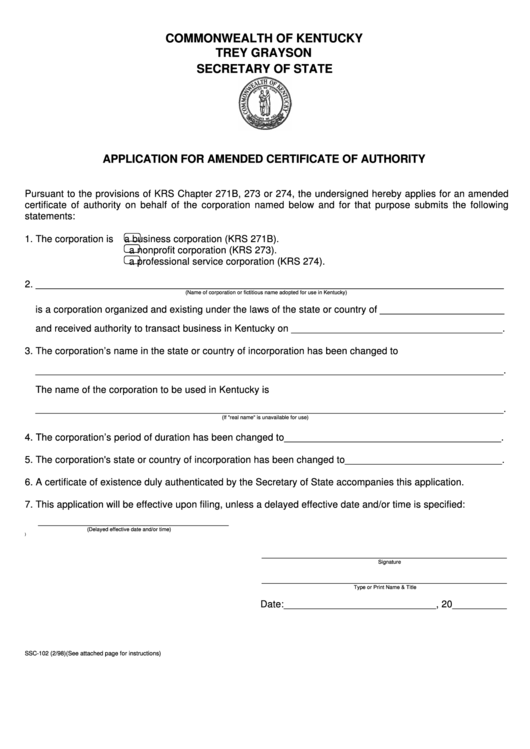 Fillable Form Ssc-102 - Application For Amended Certificate Of Authority Printable pdf