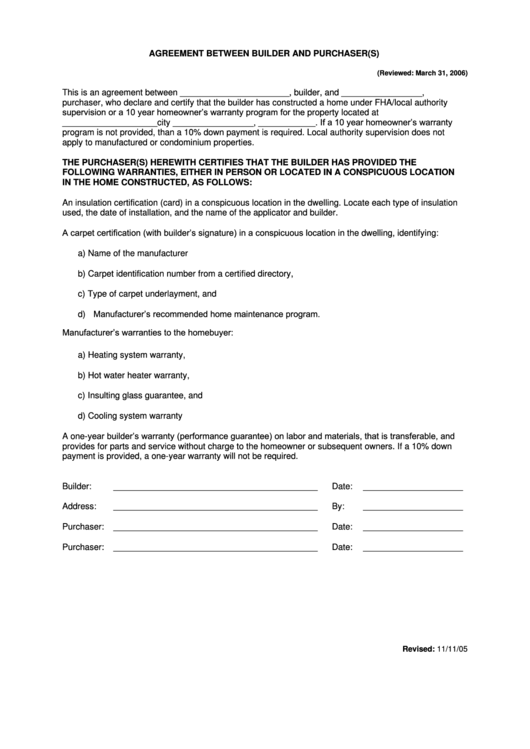 Agreement Between Builder And Purchaser(S) Template Printable pdf